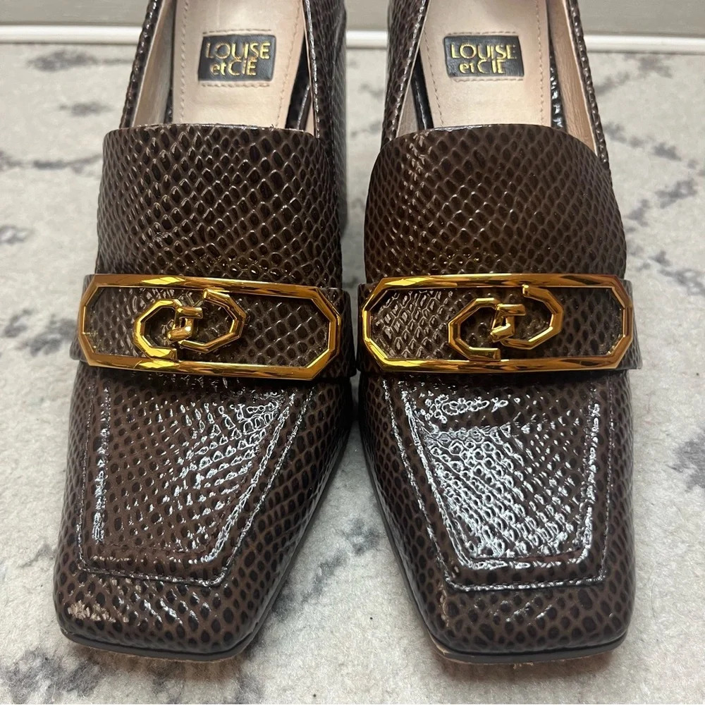 Louise et Cie Brown Textured Block Heel Loafers with Gold Accent  size 6M/6.5 - Picture 4 of 10